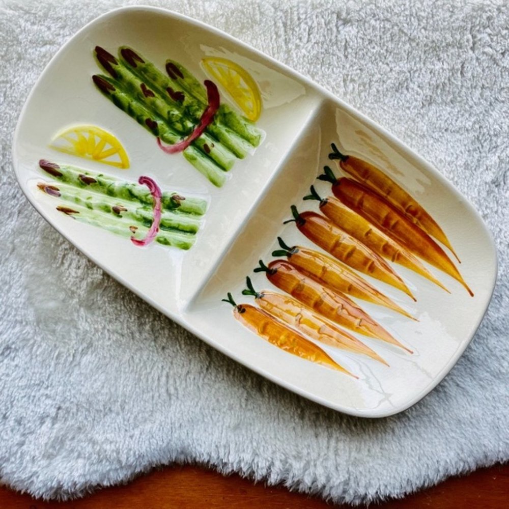 Vintage 1959 Los Angeles Pottery Divided Serving Dish 3D Carrots Asparag…